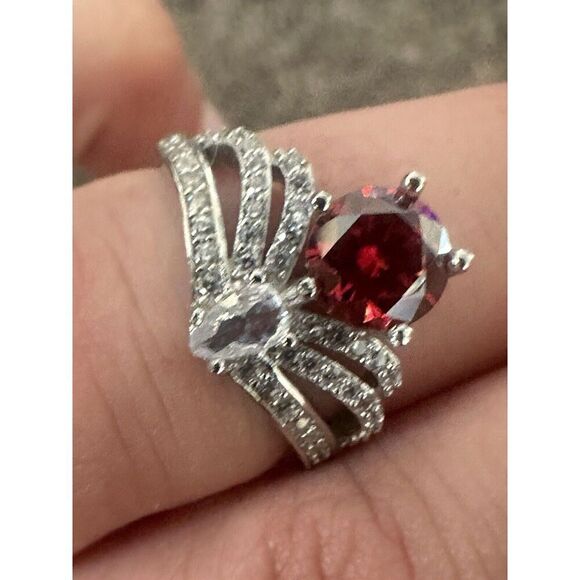 925 Sterling Silver 1 Ct Red Moissanite Adjustable Ring Floating Design - Picture 2 of 4